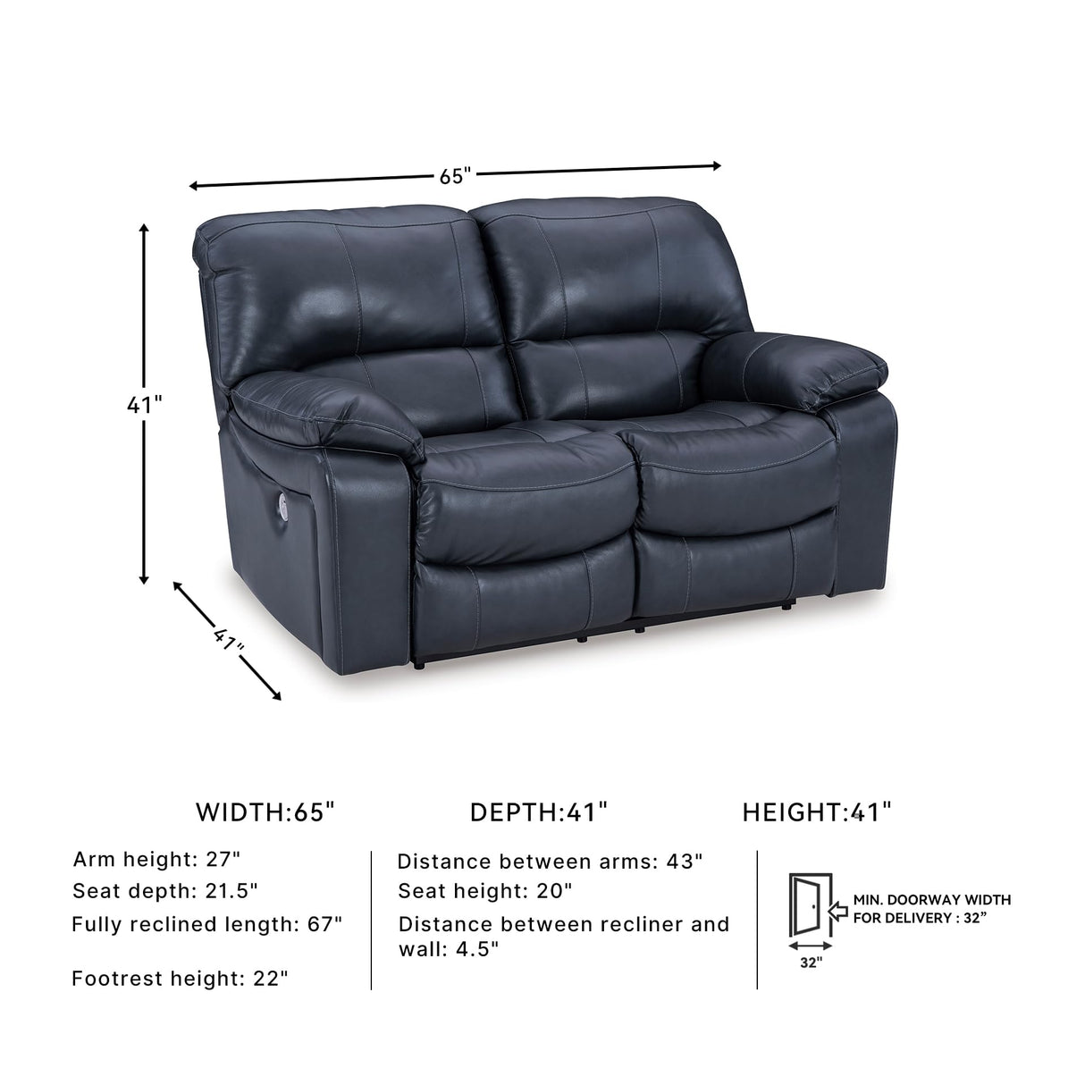 Signature Design by Ashley Leesworth Modern Power Reclining Loveseat with USB Charging Ports, Blue Signature Design by Ashley