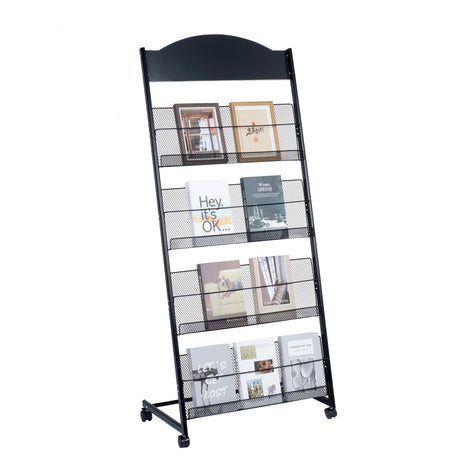 lesolar Floor-Standing Magazine Rack 4-tier Newspaper Holder Book Display Shelf Brochure Display Stand Floor Suitable for Exhibitions Shopping Malls Hospitals Offices School (Black) lesolar