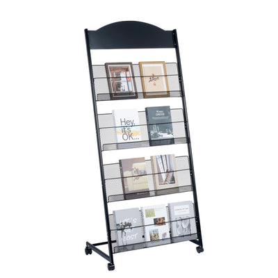 lesolar Floor-Standing Magazine Rack 4-tier Newspaper Holder Book Display Shelf Brochure Display Stand Floor Suitable for Exhibitions Shopping Malls Hospitals Offices School (Black)