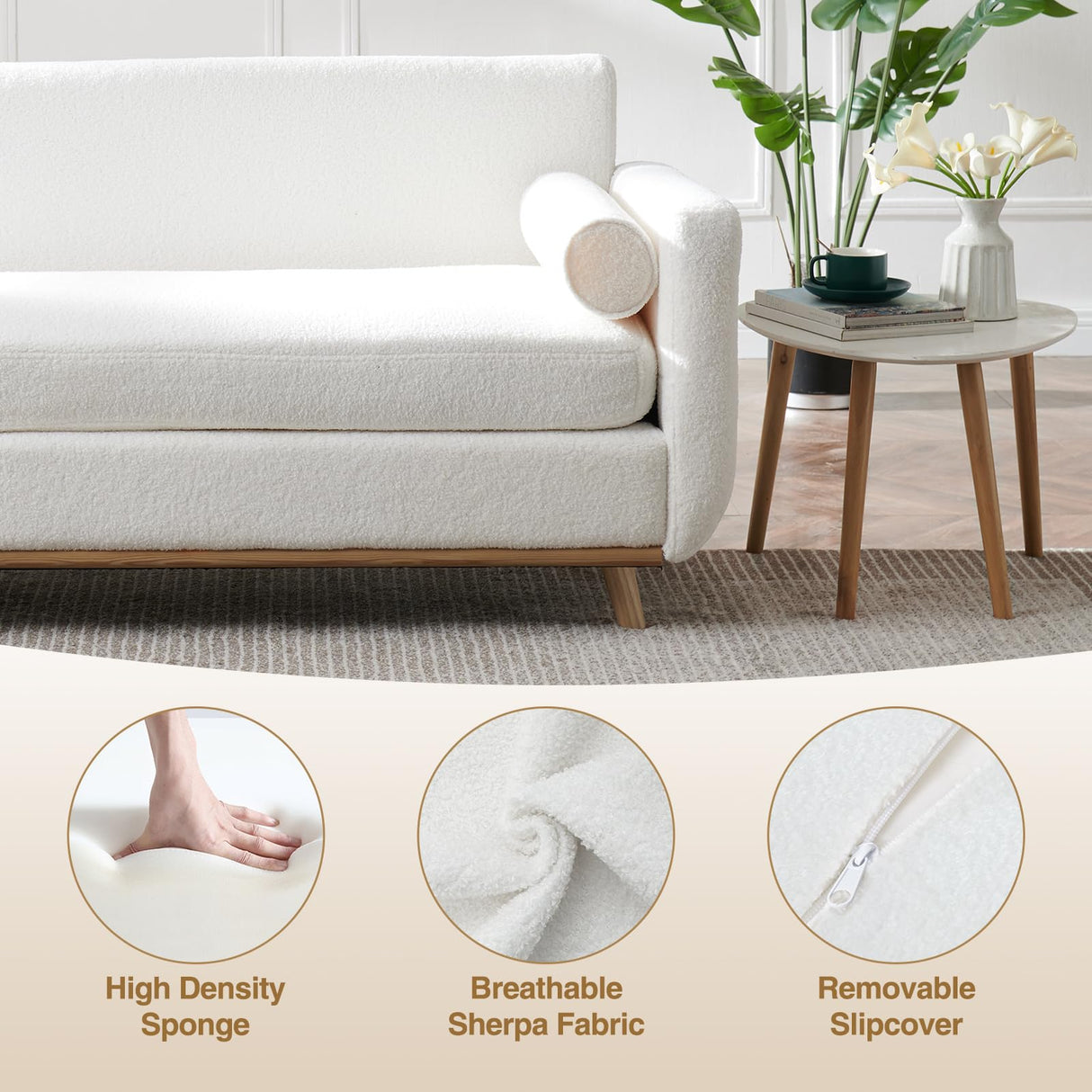 Vabches Loveseat Sofa, White Sherpa Couch with LED Lights and USB Ports Modern Fluffy Love Seat Couches 2 Seater Comfy Washable Covers Sofa Furniture for Bedroom Living Room Small Space Office, 63" L Vabches