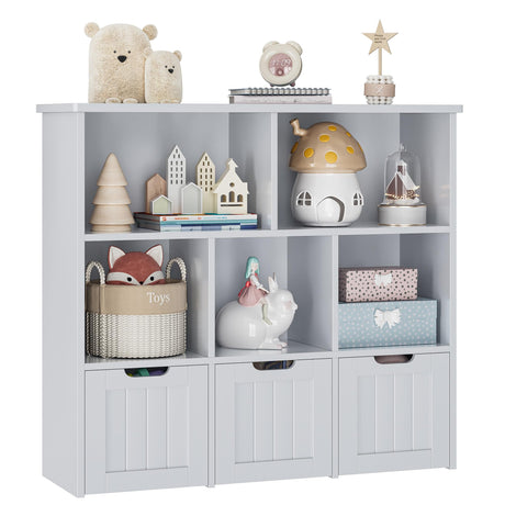 FOTOSOK Toy Storage Organizer with 3 Movable Drawers, Floor Storage Cabinet Toy Organizer with Hidden Wheels and 5 Storage Cubbies, Multifunctional Toys Chest for Playroom, Grey FOTOSOK