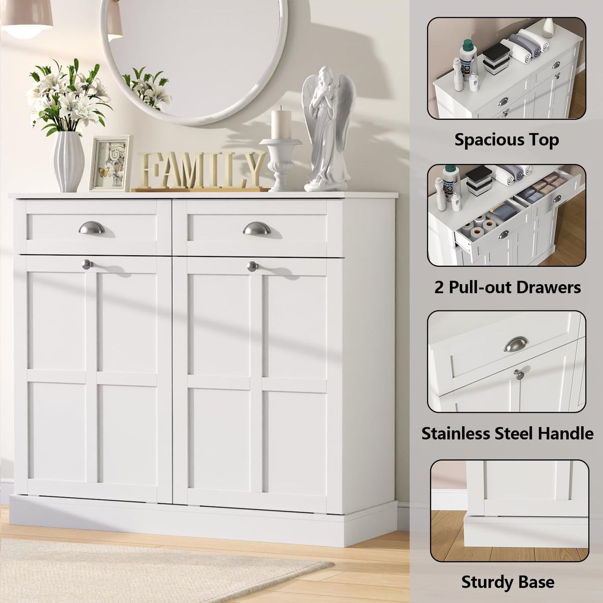 Loomie Double Tilt Out Laundry Hamper Cabinet, Hidden Laundry Cabinet with 2 Drawers & 2 Laundry Storage Baskets, 30 Gallon Trash Can Cabinet, Storage Cabinet for Bathroom, Laundry Room,Kitchen, White Loomie