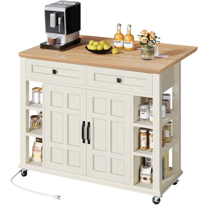 YITAHOME Kitchen Island with Drop Leaf & Power Outlet, Rolling Kitchen Cart on Wheels, Americana Kitchen Island Cabinet with Open Shelves for Kitchen Dining Room, Thicker Rubberwood Top, Off White