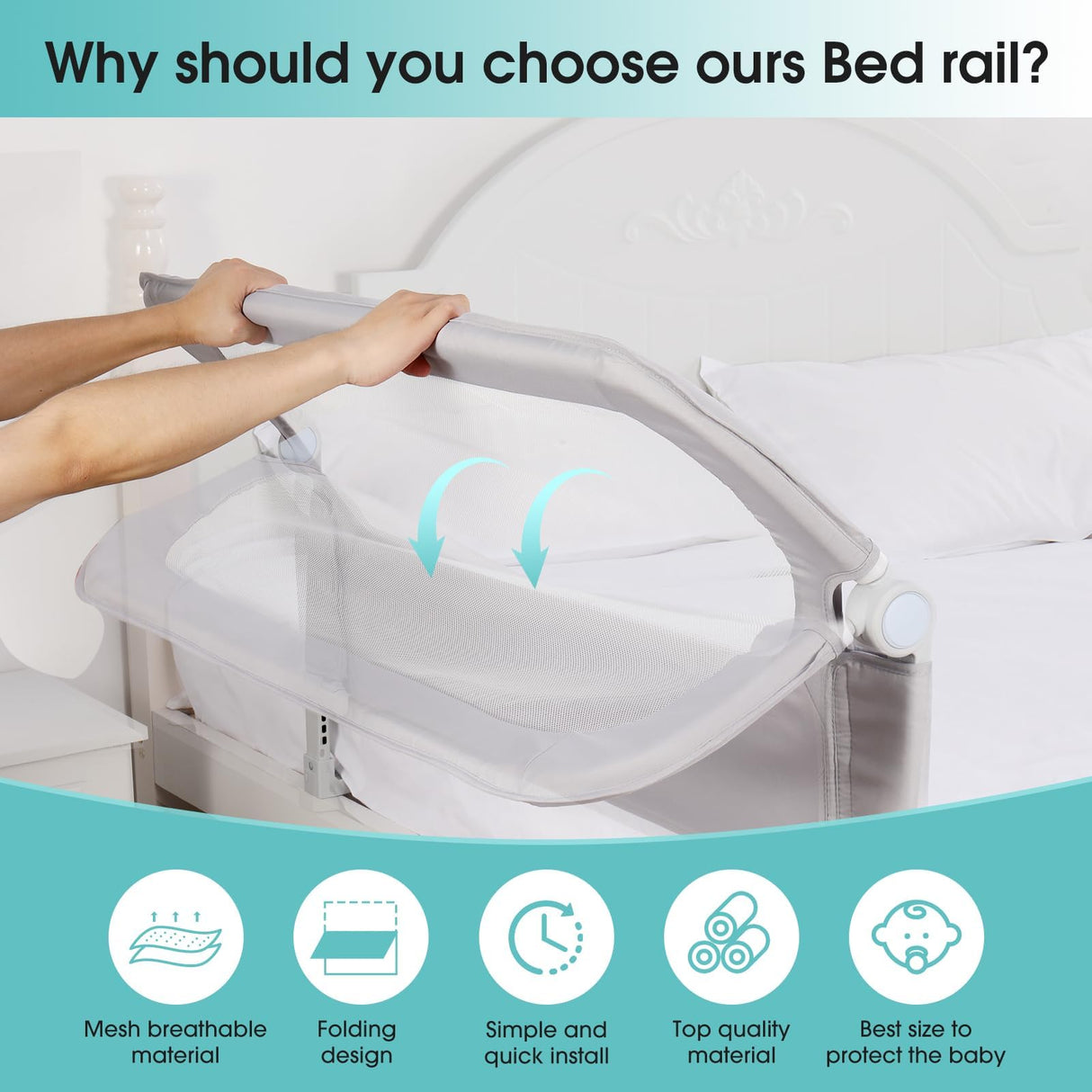 NUTIKAS Baby Bed Rail Guard for Toddlers - 47" Toddler Bed Side Rails for Twin, Full, Queen Bunk Size Bed Swing Down Bedrail Extral Tall Child Safety Side Railing Guards for Kids NUTIKAS