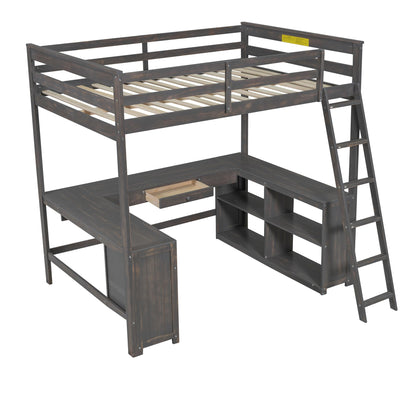 MiHunnor Antique Brown Full Size Loft Bed with U-Shaped Desk and Storage Solutions - WoodArtSupply