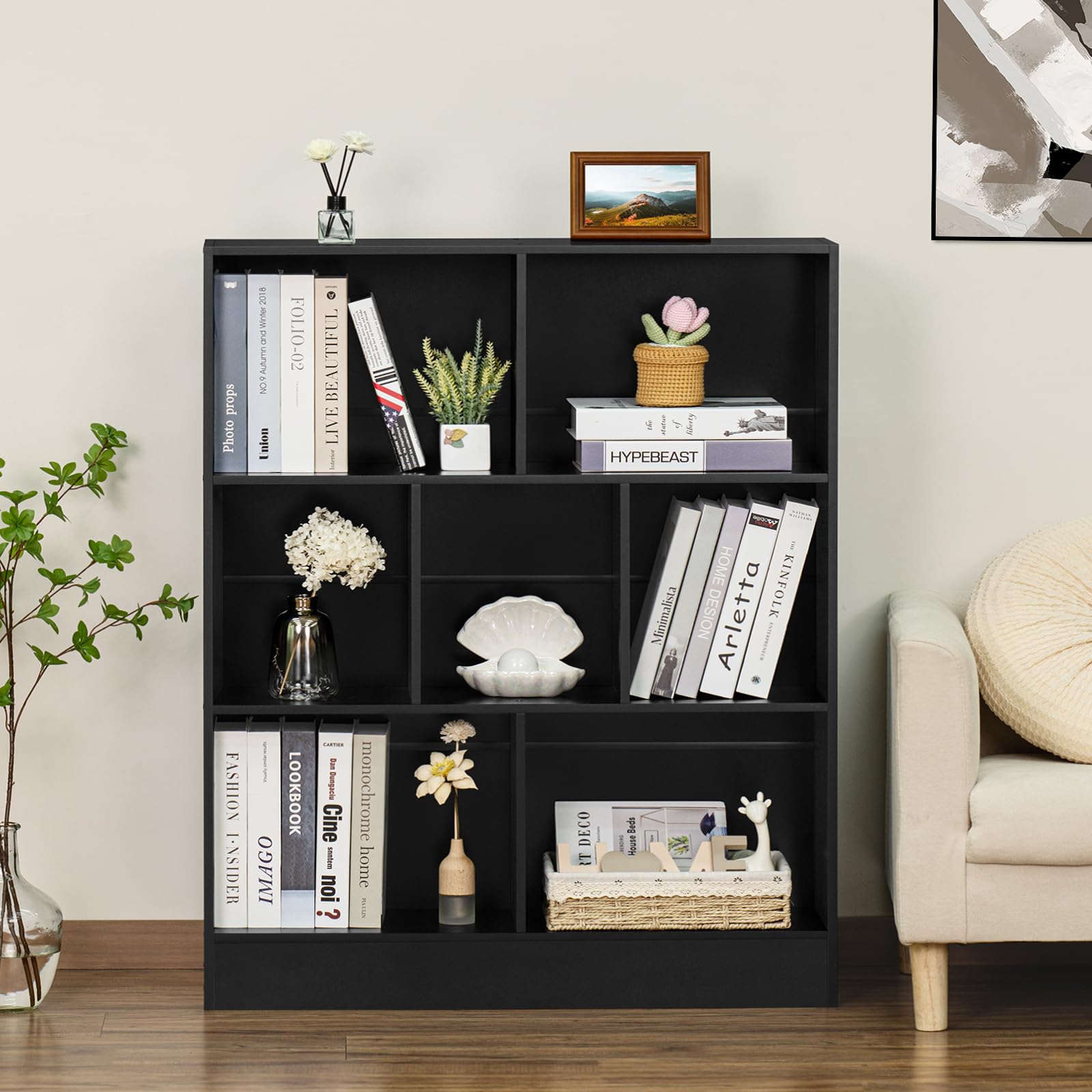 YAHARBO 7 Cube Black Wooden Bookshelf - 3 Tier Modern Organiser for Home and Office - WoodArtSupply