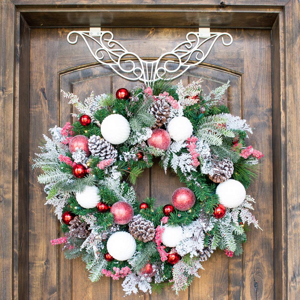 [30 Inch Artificial Christmas Wreath] - Frosted Wonderland Collection - Red White Decoration - Pre Lit with 50 Candy Cane Colored LED Mini Lights - includes Remote Controlled Battery Powered Timer