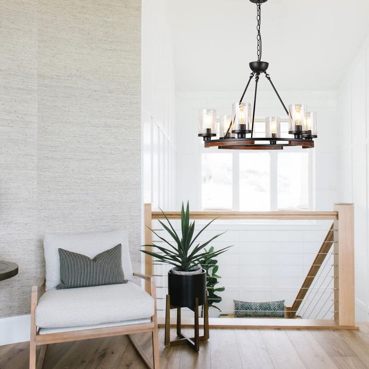 NSRCE 28 Inch Wagon Wheel Chandelier with Glass Shade, 6-Light Round Farmhouse Pendant Light Fixture for Dining Room Kitchen Foyer Entryways, Black Metal and Wood Finish NSRCE