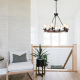 NSRCE 28 Inch Wagon Wheel Chandelier with Glass Shade, 6-Light Round Farmhouse Pendant Light Fixture for Dining Room Kitchen Foyer Entryways, Black Metal and Wood Finish NSRCE