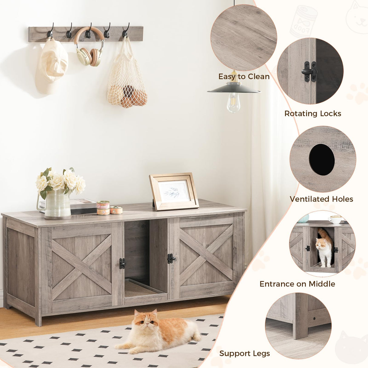 MAHANCRIS Cat Litter Box Enclosure for 2 Cats, 47.2" Hidden Cat Litter Box Furniture with Double Room, Wooden Cat Washroom Cabinet with Scratching Board, Indoor Cat House End Table, Greige CWHG1201 MAHANCRIS