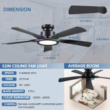 Ceiling Fans with Lights and Remote/APP Control, 52" Low Profile Flush Mount Ceiling Fan with RGB Ring Light & Dimmable, 5 Reversible Curved Blades 3 CCT 6 Speeds for Bedroom Living Room Party, Black Wiviniya