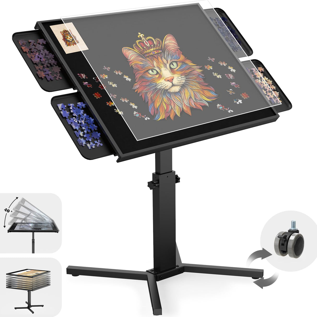 2000 Pieces Jigsaw Puzzle Table with Drawers & Legs, 30"x41" Large Puzzle Table for Adults, Adjustable Height &12 tilt Angles, Wooden Puzzle Board with Drawers & Cover, Birthday Gift for Family（Black） HEBESPACE