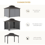 Outsunny 10' x 12' Hardtop Gazebo with Curtains and Netting, Permanent Pavilion Metal Double Roof Gazebo Canopy with Aluminum Frame and Hooks, for Garden, Patio, Backyard, Charcoal Gray Outsunny