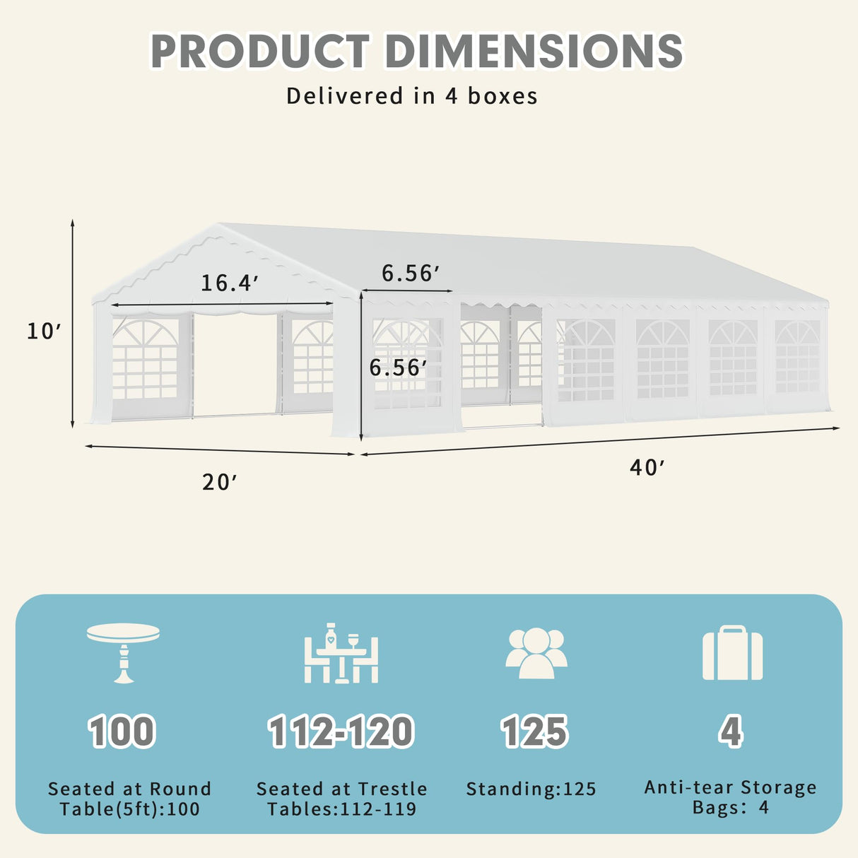EROMMY 20x40ft Party Tent, Outdoor Wedding Tent, Heavy Duty Large Canopy Carport with Removable Sidewalls, 2 Roll-up Doors, 4 Storage Bags, Gazebo Shelter Tent for Party Event Commercials, White EROMMY