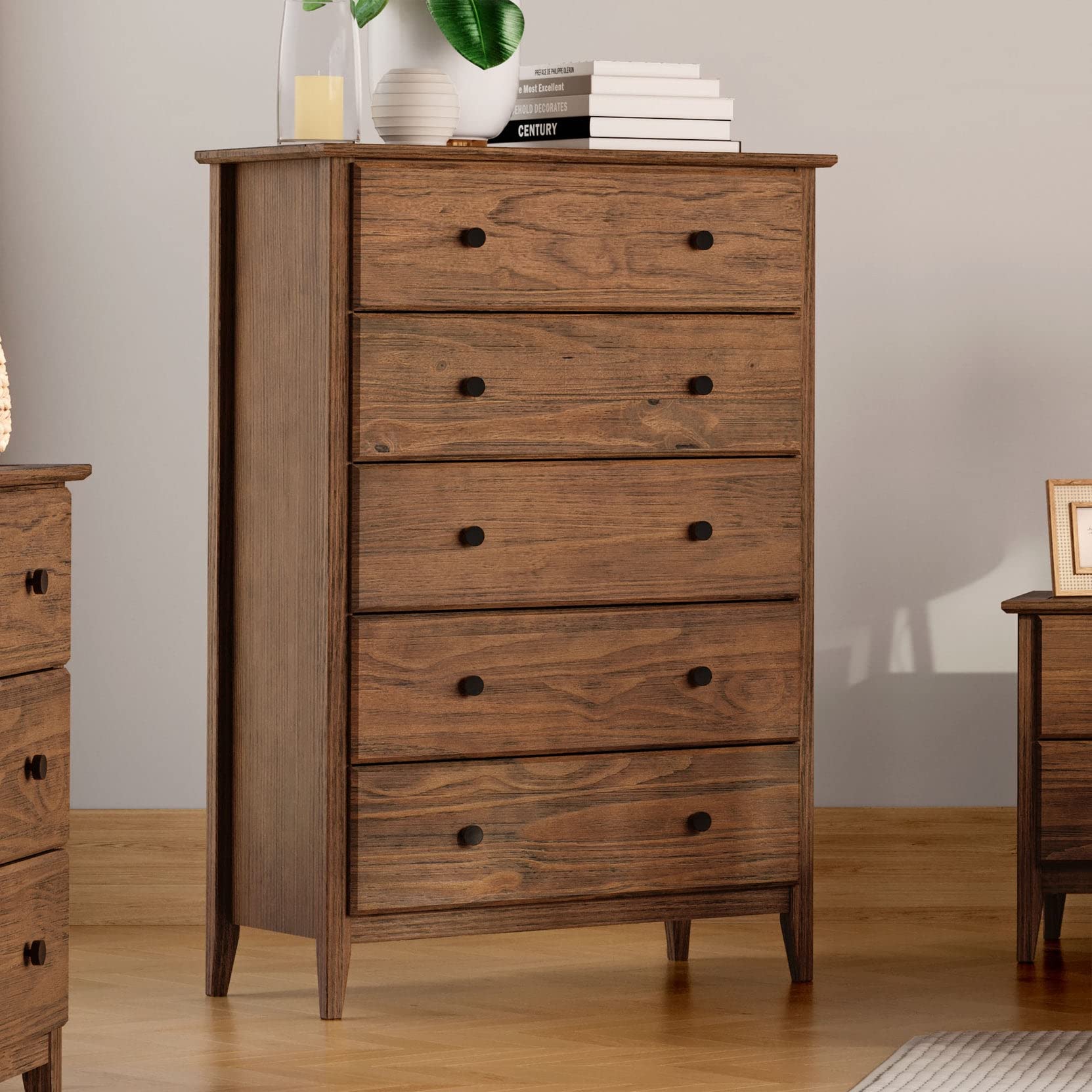 Grain Wood Furniture Greenport 5-Drawer Chest, Solid Wood with Brushed Walnut Finish - WoodArtSupply