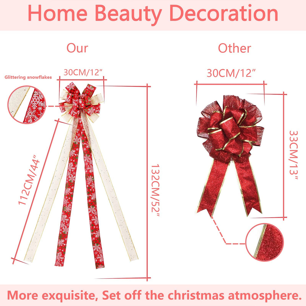 Christmas Tree Topper Bow, 44X12 Inch Artificial Xmas Tree Flower Topper Decor, for Family, Wedding, Birthday Party, Indoor Outdoor Thanksgiving Christmas Decoration - Red/Gold/Snowflake. RoseCraft
