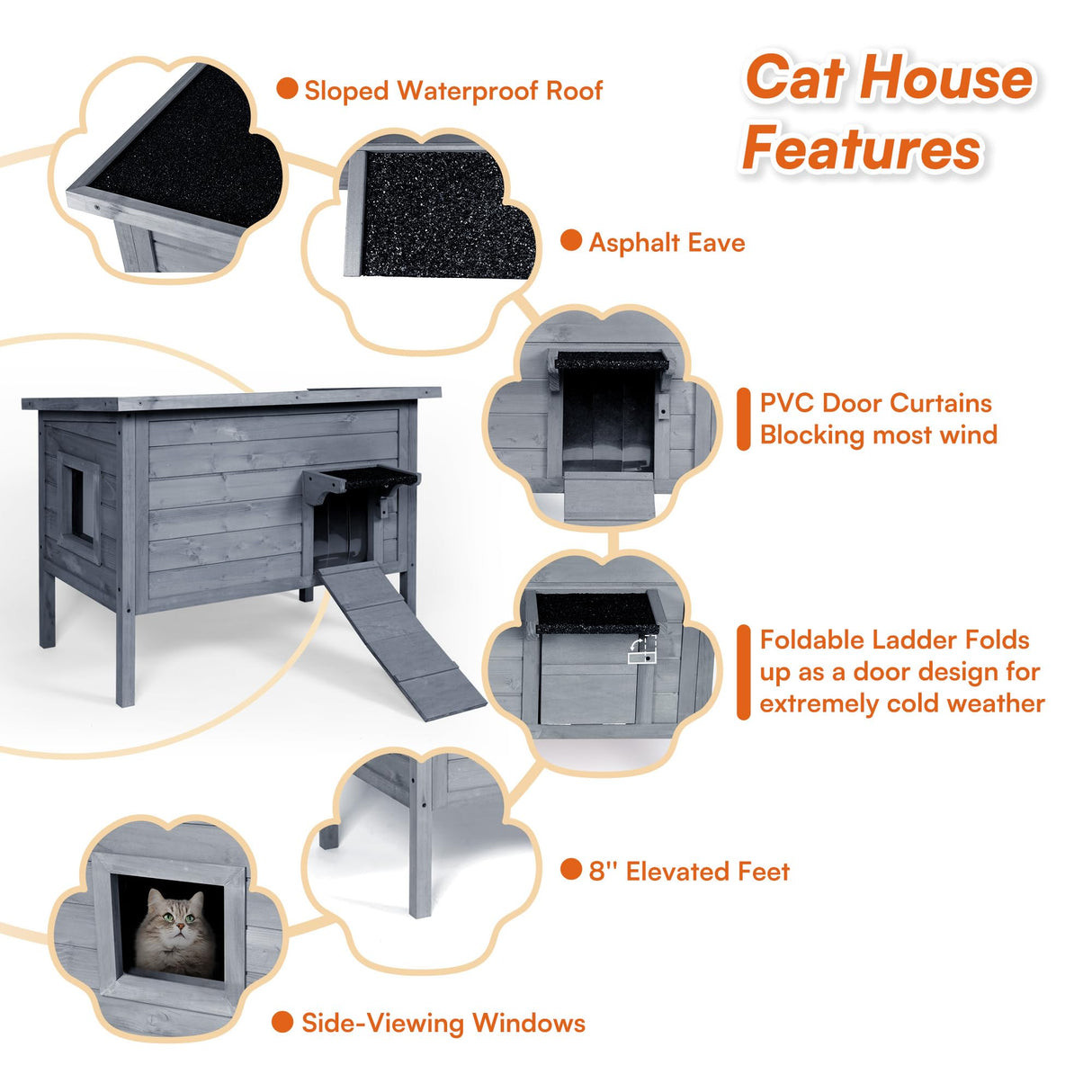 BRIOPAWS Outdoor-Cat-House-Insulated | Feral-Cat-Shelter for Summer | Weatherproof | Large Wooden Pet House for Multiple Cats | Foldable Ladder | Acrylic Side Window | Grey BRIOPAWS