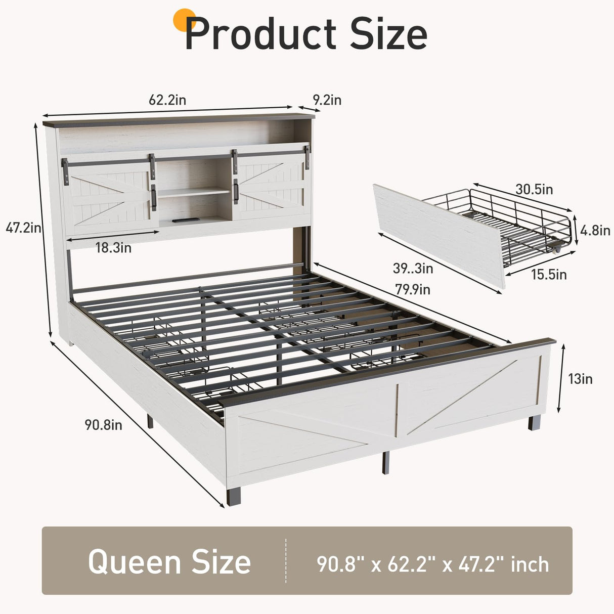 Maupvit Queen Size Farmhouse Bed Frame with 4 Drawers and LED Light, Sliding Barn Door Storage Shelves and Charging Station Metal Platform Bed Frame No Box Spring Needed, White Maupvit