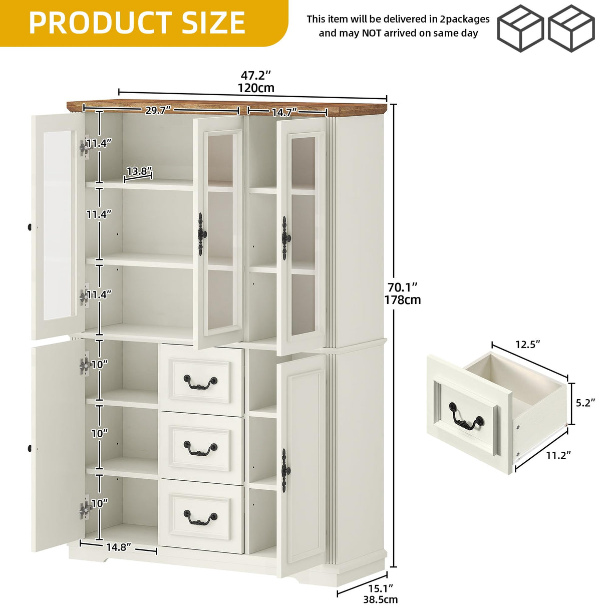 DWVO Large Storage Cabinet, 72" Tall Kitchen Pantry with Glass Doors, Freestanding Glass Display Cabinets with Adjustable Shelves & Drawers, Food China Hutch for Dining Room, Living Room, White DWVO