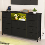 LDTTCUK Dresser with Charging Station and LED Lights, Long Dresser for Bedroom Dresser TV Stand with 10 Drawers, Fabric Chest of Drawers with PU Finish, Wide Dresser Storage Organizer, Black LDTTCUK
