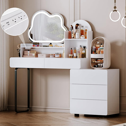 YYJ Makeup Vanity Table with Lighted Mirror,Power Strip Charging Station, Vanity Desk with Storage Shelves,3 Lighting Modes, Brightness Adjustable,Writing Desk with 5 Drawers White,Retractable Makeup