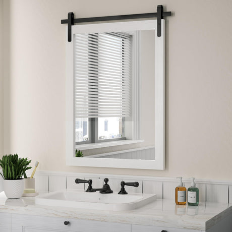 Farmhouse Bathroom Mirror, White Rustic Vanity Mirror Wood Framed Decrative Mirrors, Barn Door Style Decor Entryway Bedroom 22x30INCH Horizontal PAIHOME