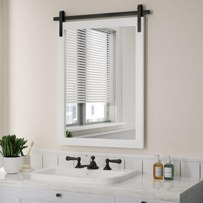 Farmhouse Bathroom Mirror, White Rustic Vanity Mirror Wood Framed Decrative Mirrors, Barn Door Style Decor Entryway Bedroom 22x30INCH Horizontal