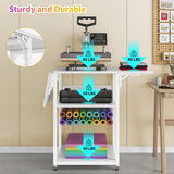 Foldable Heat Press Stand with Charging Station, 3 Tier Movable Heat Press Table with Vinyl Roll Holder, Heavy Duty Metal Shelf Cart for DIY Sublimation Transfer Machine and Printer, White knoworld
