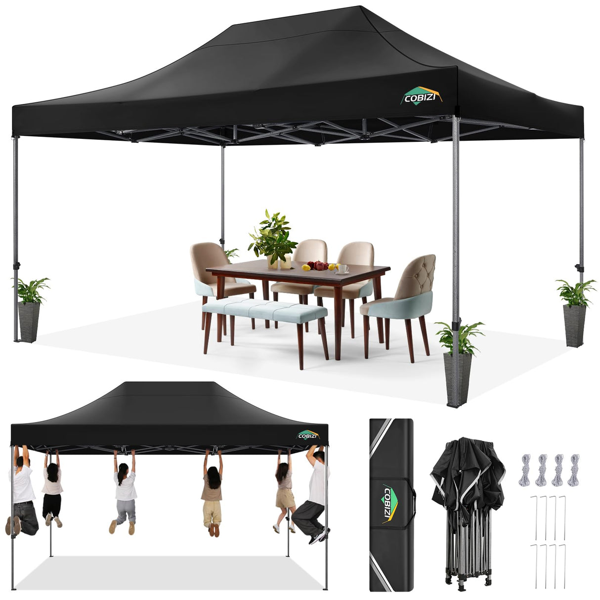 COBIZI 10x15 FT Pop up Canopy Tent,Heavy Duty Easy Up Commercial Outdoor Party Canopy Tents for Wedding Parties All Season Wind & Waterproof Gazebo with Carry Bag,Black(Frame Thickened) COBIZI