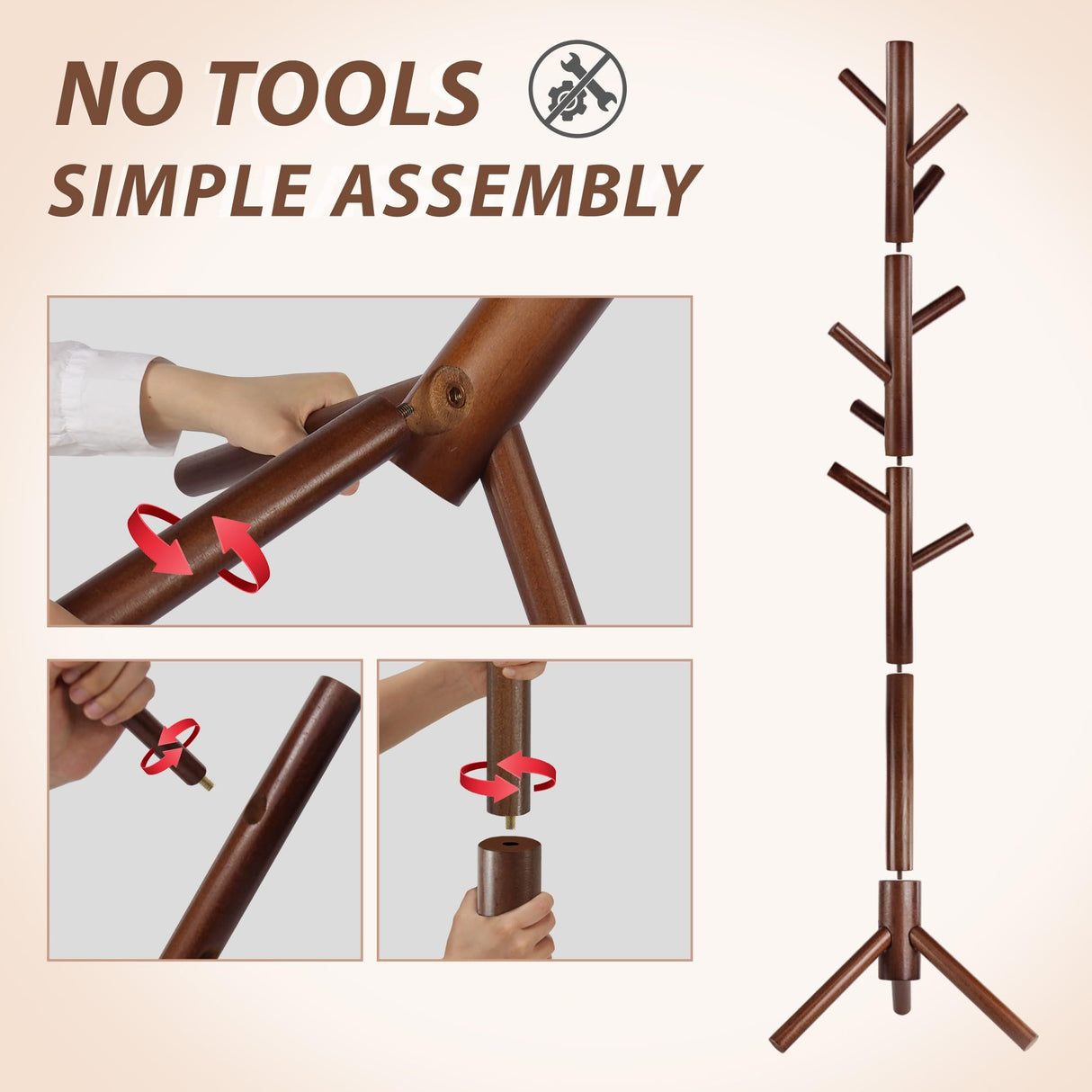 Unisakey Durable Wooden Coat Rack, Freestanding Coat Rack with Stable Triangular Base, 8 Hooks & 3 Adjustable Heights, Simple Assembly for Bedroom, Hallway, Office(New Brown) Unisakey