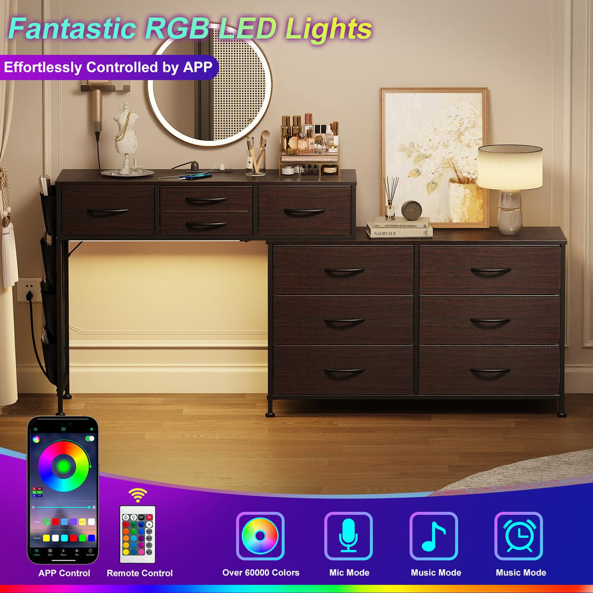 REAHOME Dresser for Bedroom with Charging Station and LED Light, 67" Rotatable Vanity Desk with LED Light and Side Pockets, Makeup Table with 10 Fabric Drawers, Modern Home Office Desks, Brown REAHOME