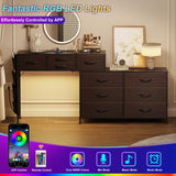 REAHOME Dresser for Bedroom with Charging Station and LED Light, 67" Rotatable Vanity Desk with LED Light and Side Pockets, Makeup Table with 10 Fabric Drawers, Modern Home Office Desks, Brown REAHOME