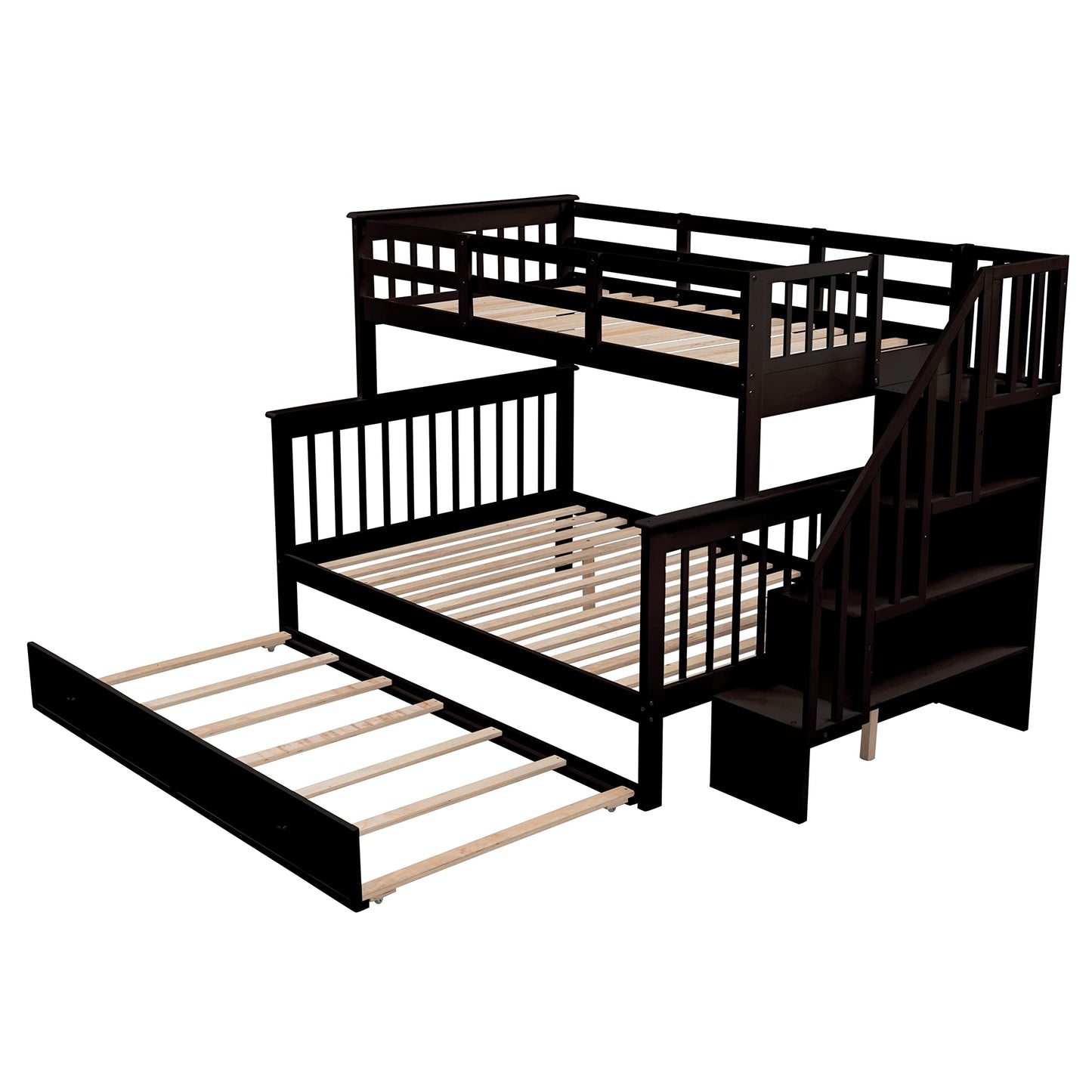 Espresso Twin Over Full Bunk Bed with Trundle and Storage Shelves by Harper & Bright Designs - WoodArtSupply