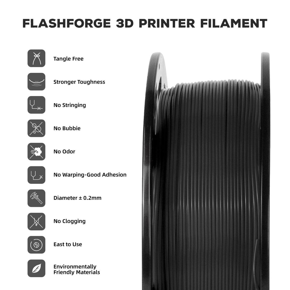 FLASHFORGE PLA Filament 1.75mm, 3D Printer Filament 1kg (2.2lbs) Spool, Dimensional Accuracy +/- 0.02mm, 3D Printing Filament Easy to Use and Fits for Most FDM 3D Printers (Black) FLASHFORGE