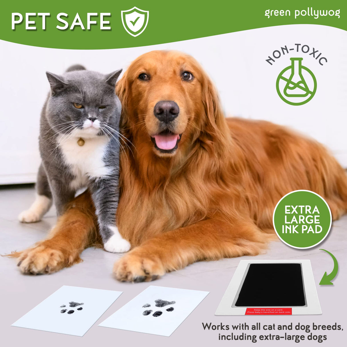 Green Pollywog | Paw Print Pet Keepsake Hinge Photo Frame + Ink Pad Kit | Dog Paw Print Kit | Extra-Large Ink Pad Included | 4 x 6 Picture Openings Green Pollywog