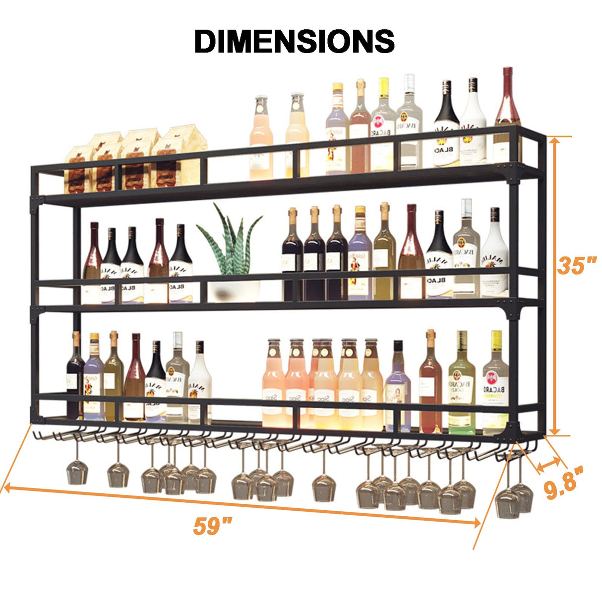 Large Heavy Duty 59in Wine Rack with LED Wall Mounted Bottle Glass Holder Under Shelf, 3-Tiers Liquor Floating Shelves Display Storage Organizer Hanging Long Stemware Goblet Metal for Home Bar GWLQRTXV