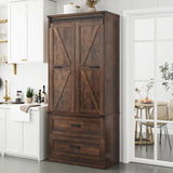 Hlivelood 72" Tall Storage Cabinet with Barn Doors & 2 Drawer, Pantry Cabinet with Adjustable Shelves, Rustic Wood Cupboard for Kitchen, Dining Room, Living Room, Brown Hlivelood