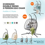 Patiorama 2 Person Double Egg Swing Chair with Stand Indoor Outdoor, Patio Wicker Rattan Hanging Egg Chair w/Cushion, Pillow, Foldable Hammock Chair 550lbs for Bedroom, Balcony, Garden (Light Grey) Patiorama