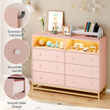 Patikuin Pink Dresser for Bedroom with LED Light & Charging Station, 6 Drawers Wooden Dressers for Women with Open Space, Modern Chest of Wide Drawers for Girls Bedroom Living Room, Entryway, Hallway Patikuin