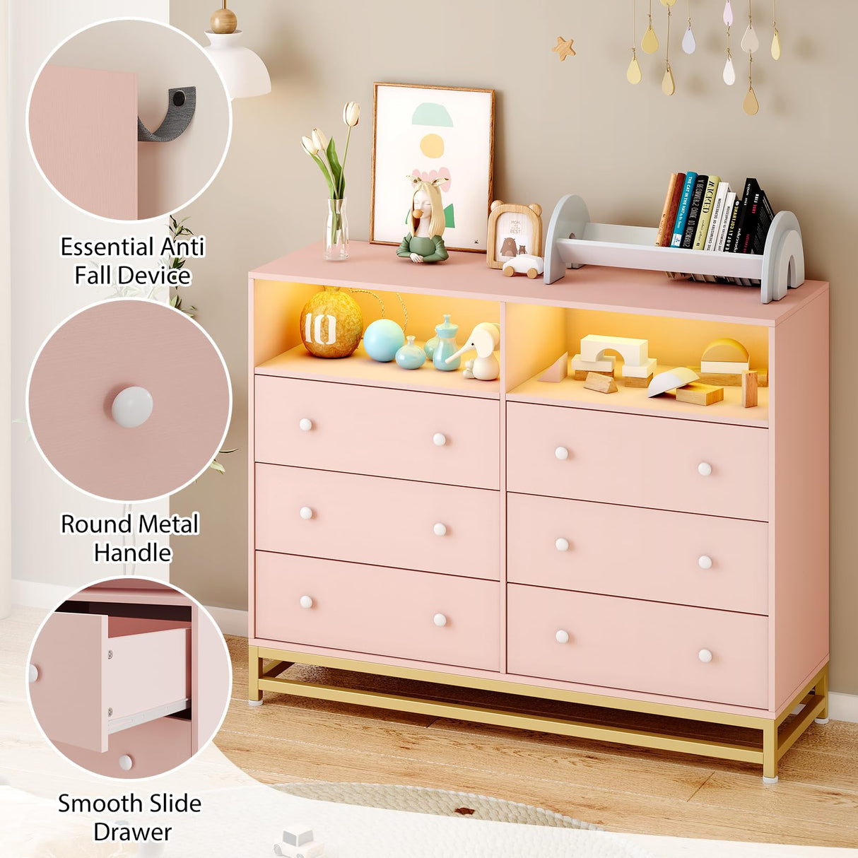 Pink Dresser for Bedroom, Wooden Modern 6 Drawers Long Dresser with Charging Station and Led Lights Design, Large Capacity Storage Chest of Drawers, Wide Drawers for Living Room, Hallway Garveehome