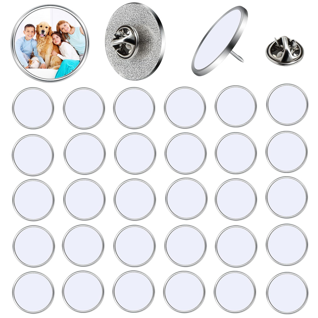 Sublimation Blank Pins DIY Button Badge, Sublimation Silver Blank Base Pins Aluminum Sheet with Butterfly Pin Backs for DIY Craft Jewelry Making Lapel Supplies (Round,Silver,30pcs) Col-Pary