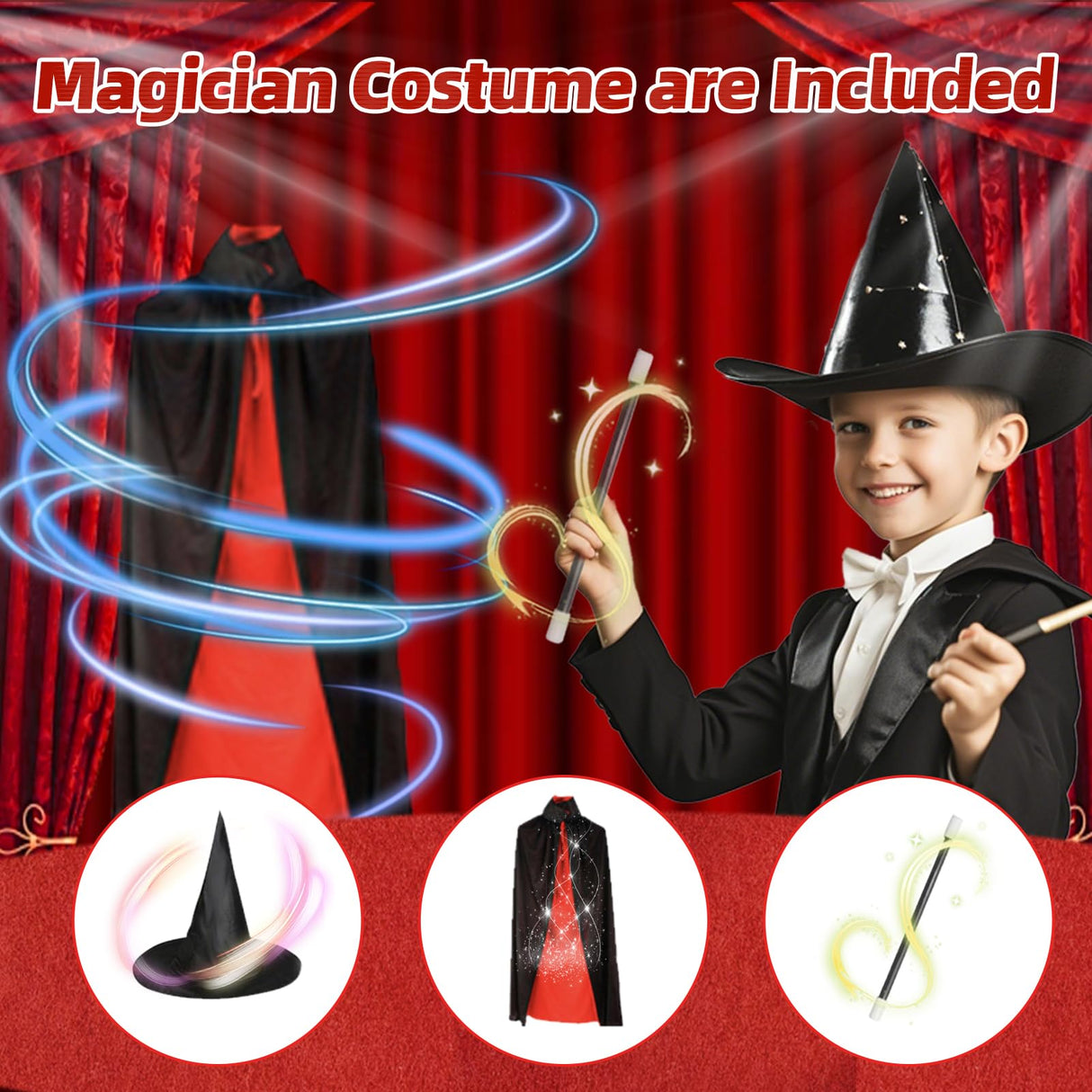 Magic Tricks Kit, 30 in 1 Magic Tricks for Kids Age 6 7 8 9 10 11 12, Magician Costume for Pretend Play with Magic Props & Instruction for Beginners, Christmas Halloween Birthday Gifts for Kids luluckck