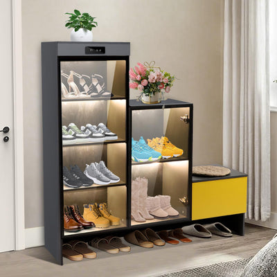ylizeyu Shoe Rack with LED Air Purifier, Intelligent Closet with 6 Spaces, Glass Door with Reinforced Hinges, Grey