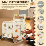 Pithfor Wooden Baby Walker, 3-in-1 Baby Push Walker, with Pretend Kitchen, Montessori Sensory Activity Center, Push Walker Toys for Babies Learning to Walk, Sit-to-Stand Pithfor