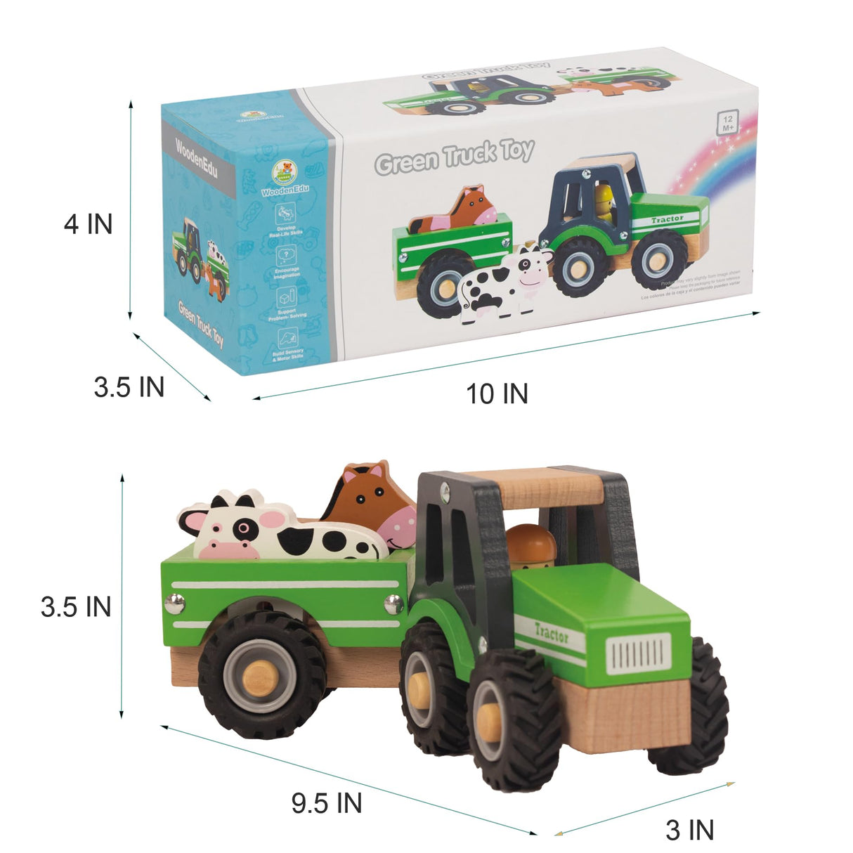 WoodenEdu Wooden Tractor Toys for Toddlers 1-3, Baby Vehicle Toys Hand Push Car Toys for 1 2 3 Year Old Boys Girls (Green) WoodenEdu