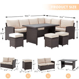 U-MAX 7 Pieces Patio Furniture Set Outdoor Sectional Sofa Conversation Set All Weather Wicker Rattan Couch Dining Table & Chair with Ottoman, Khaki Cushion U-MAX