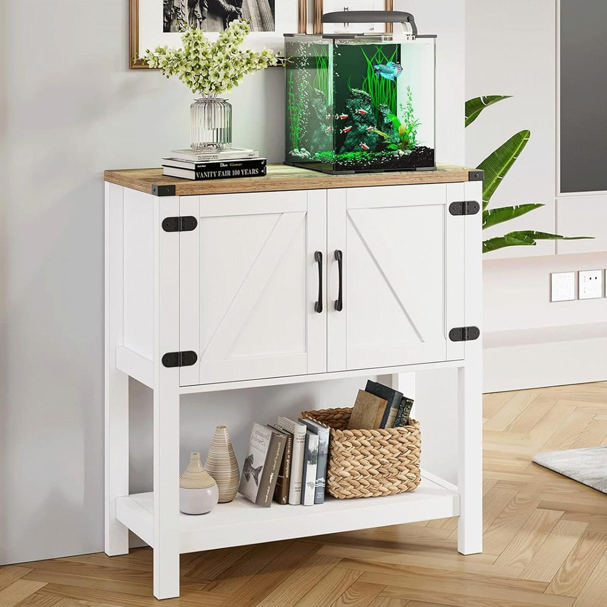 Cheersstar Farmhouse Console Table with 2-Door Cabinet, Coffee Bar, Entryway Table with Storage Shelf, Sofa Tables Buffet Sideboard for Kitchen, Hallway, Dining, Living Room, White Cheersstar