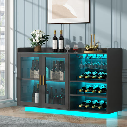 Loomie Wine Bar Cabinet with LED Lights, Floating Coffee Bar with Glass Rack and Removable Wine Racks, Modern Buffet Sideboard with Storage Shelves, Kithchen Bar with Glass Cabinet Doors, Bla - WoodArtSupply