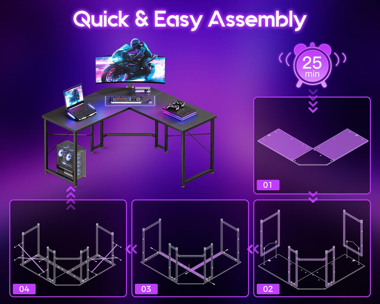 Casaottima 51 Inch L Shaped Gaming Desk, Compact Corner Computer Table, Writing Workstation for Small Spaces, Home Office & Streaming Setup, Easy Assembly, Carbon Fiber Surface, Pure Black Casaottima