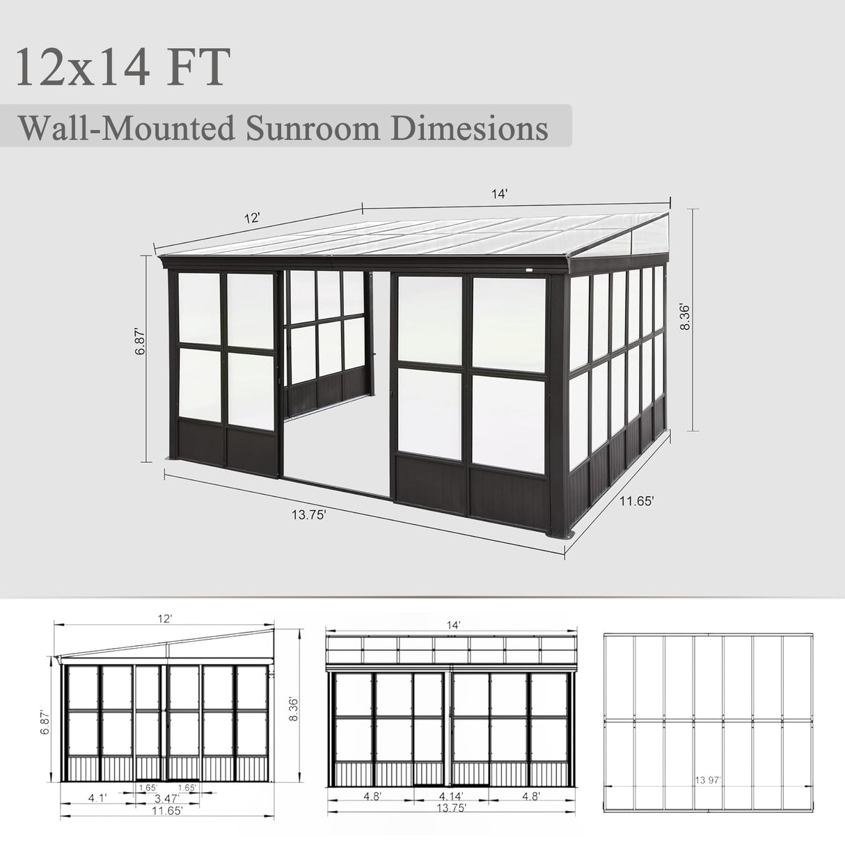 Domi 12x14FT Wall Mounted Sunroom Gazebo, Aluminum Enclosed Gazebo with 2 Lockable Sliding Doors,Sloping Polycarbonate Roof&Moveable PVC Screen, Outdoor Sun Room Lean to Gazebo for Deck Patio domi outdoor living